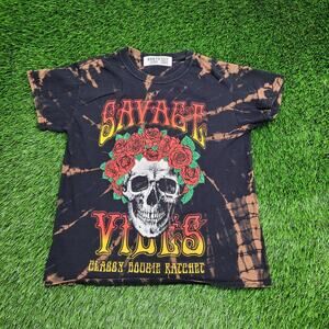 Savage-Vines Skull Rose Shirt Womens Small 18x22 Bleached Black